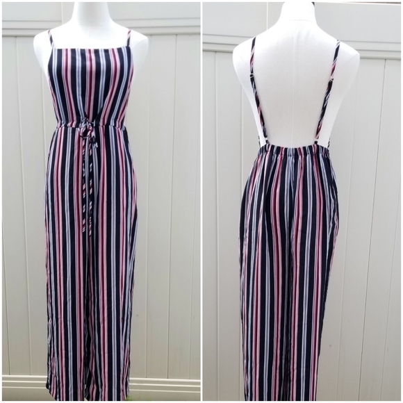 NWT Forever 21 Black/pink Stripe Long Jumpsuit,  Medium - Picture 1 of 12
